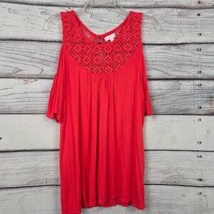 Red Crochet Yoke Cold Shoulder Short Sleeve Top L